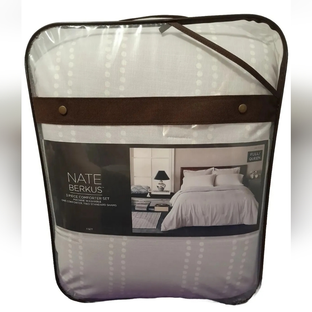BRAND NEW NATE BERKUS 3PC FULL/QUEEN COMFORTER SET DOTTED STRIPE GRAY